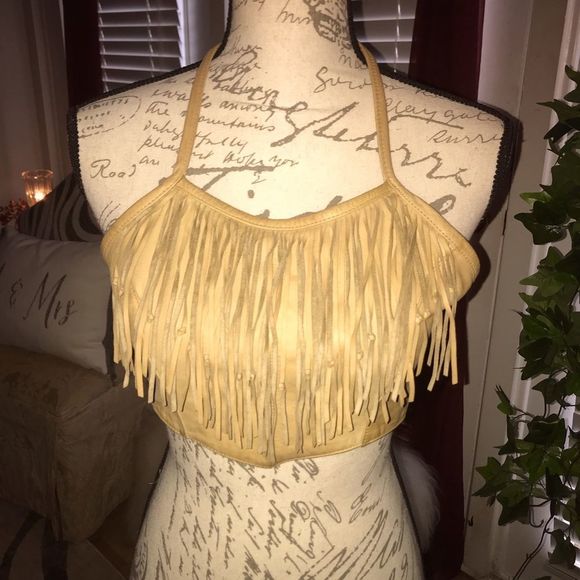 TAN LEATHER FRINGE HALTER TOP.  🔥 - Picture 1 of 6